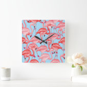 Helderroze lamingos op blauw vierkante klok (Huis)