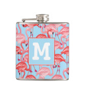 Helderroze lamingos op blauw | Voeg je Initiaal to Heupfles (Voorkant)