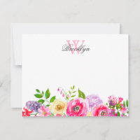 Helderroze Paarse Floral Monogrammed Note Kaart