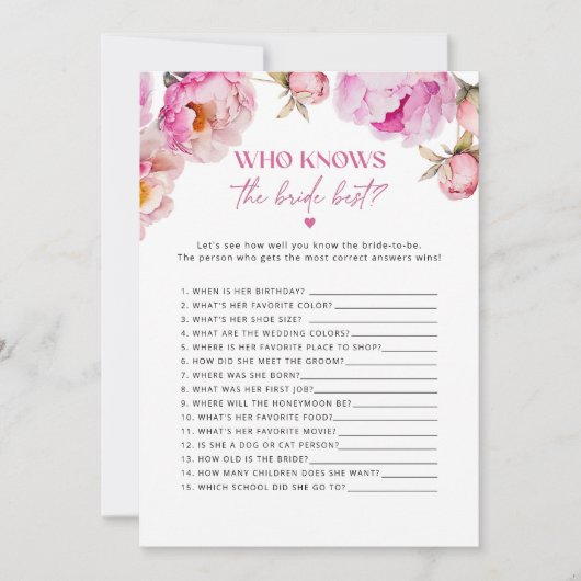 Helderroze pioen Wie kent de bruid beste kaart (Voorkant)