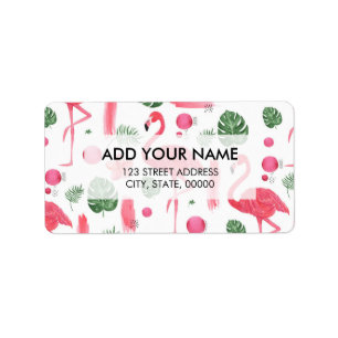Helderroze waterverf tropische flamingo floral etiket