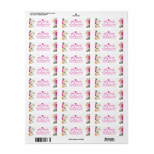 Helderroze wilde bloemen script afstuderen etiket (Full Sheet)