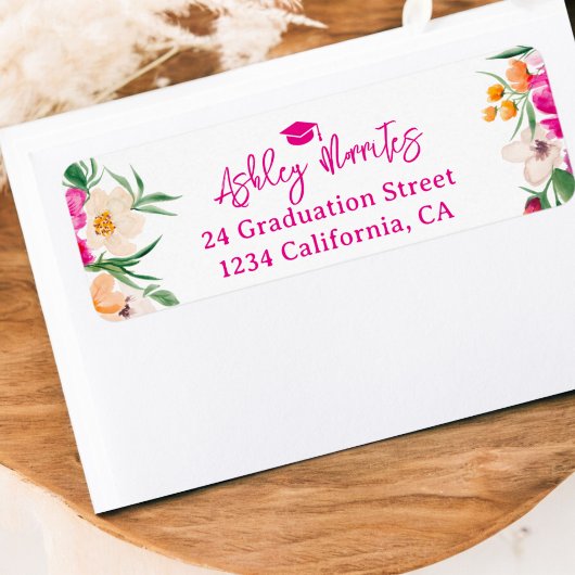 Helderroze wilde bloemen script afstuderen etiket