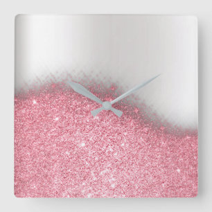 Helderroze zilver Glitter Minimale metalen Vierkante Klok