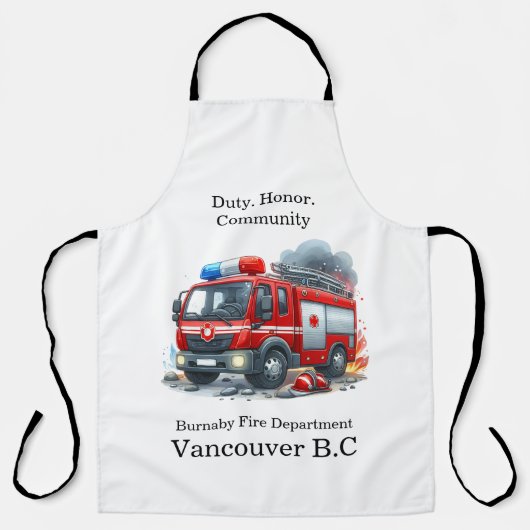 Heldhaftige brandweerman pakt brand in stad aan schort (Voorkant)