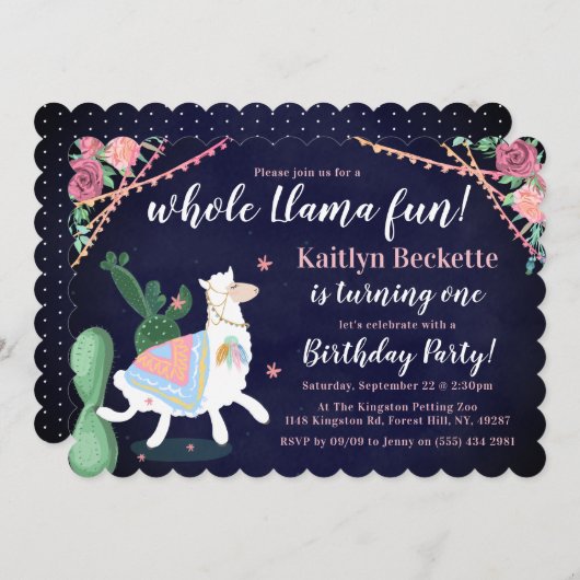 Hele Llama Fun. 1e uitnodiging van de partij van B (Voorkant / Achterkant)