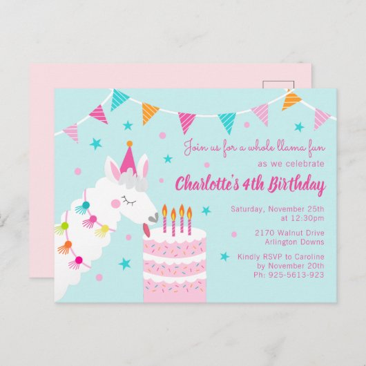 Hele Llama Fun Cake 4th Birthday Aqua Uitnodiging Briefkaart (Voorkant / Achterkant)