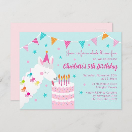 Hele Llama Fun Cake 5th Birthday Aqua Uitnodiging Briefkaart (Voorkant / Achterkant)