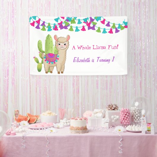 Hele Llama Fun Pink Paarse Cactus Kind Birthday Spandoek (Feest)
