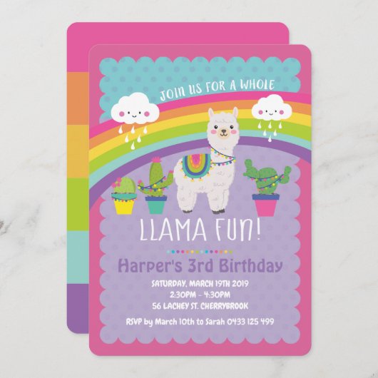 Hele Llama Fun Verjaardagsfeest Uitnodigingen Alpa (Voorkant / Achterkant)