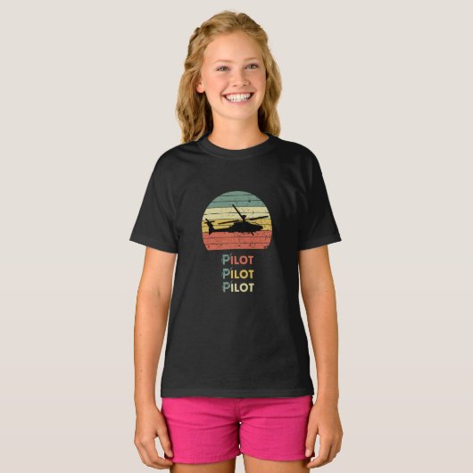 Helikopter & Sunset,  Retro Eenvoudige Luchtvaart T-shirt (Voorkant volledig)