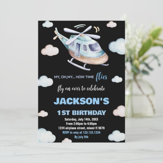 Helikopter Verjaardag Uitnodigingen Grijs Blauw Zw (Staand voorkant)