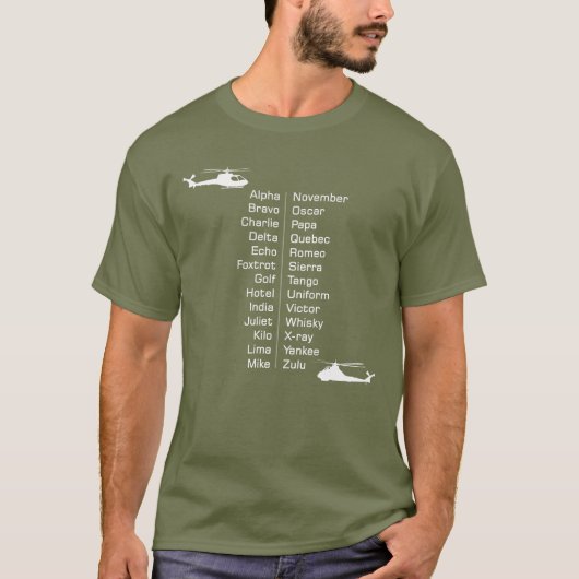 Helikopterpiloot fonetische spelling alfabet woord t-shirt (Voorkant)
