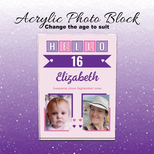 Hello 16 (any age) name est date pink purple fotoblokken