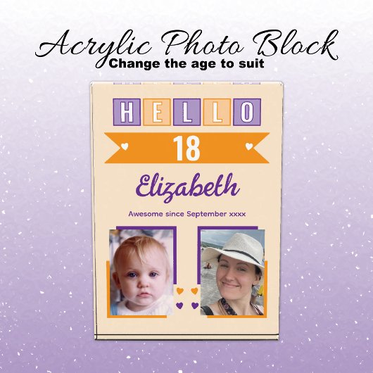 Hello 18 (any age) name est date orange purple fotoblokken