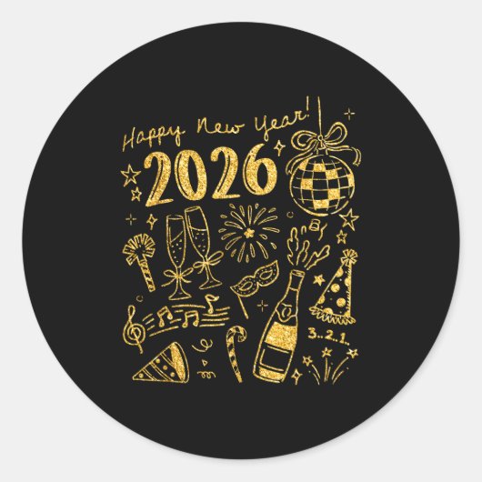 Hello 2026 Disco Ball Coquette Bow Happy New Year Ronde Sticker (Voorkant)
