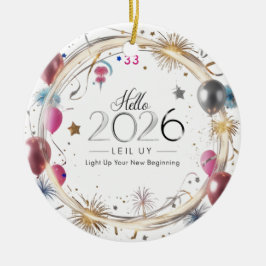 Hello 2026 Metallic Balloons Circle Keramisch Ornament