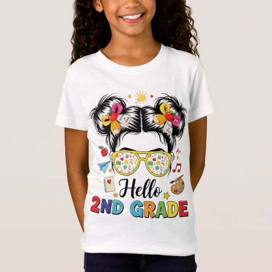 Hello 2nd Grade Messy Bun Coquette Bow Teacher T-shirt (Voorkant)