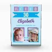 Hello 30 (any age) name est date blue purple fotoblokken (Voorkant)