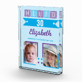 Hello 30 (any age) name est date blue purple fotoblokken (Rechts)