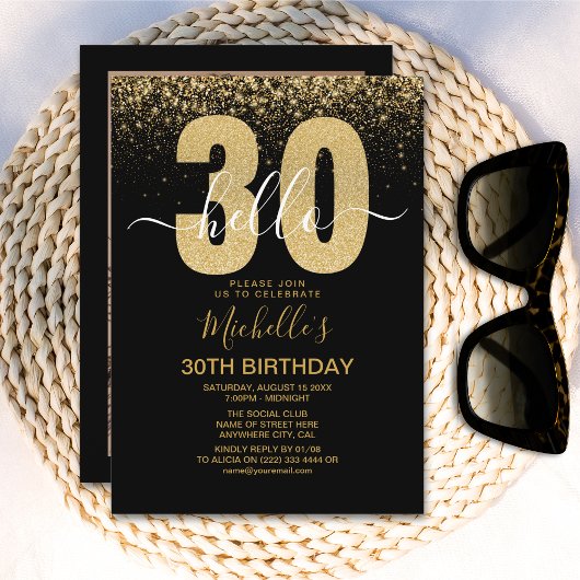 Hello 30! modern 30th birthday with gold glitter kaart