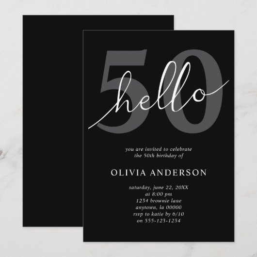 Hello 50 | Modern Chic Black 50th Birthday Party Kaart (Voorkant / Achterkant)