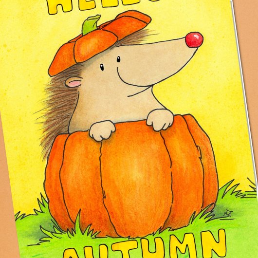 Hello Autumn Hedgehog in Pumpkin Greeting Kaart