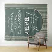 Hello Baby Dark Green Stripes Baby Shower Backdrop Wandkleed (In Situ (horizontaal))