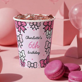 Hello Cutie Cartoon Pink Bow Birthday Party Papieren Bekers