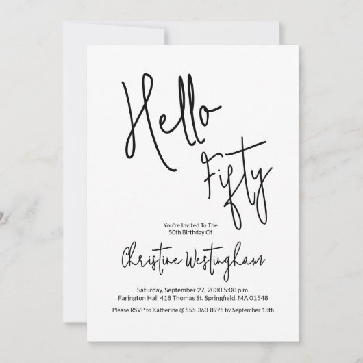 Hello Fifty Black White Script 50th Birthday Kaart (Voorkant)