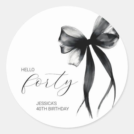 Hello Forty Elegant Script Bow 40th Birthday Party Ronde Sticker (Voorkant)