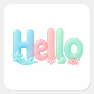 Hello Glossy Pastel Ocean Text Vierkante Sticker