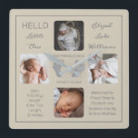Hello Little One Baby Four Photo Carré Horloge mur<br><div class="desc">Créez un souvenir que vous pouvez chérir pour une vie avec ce design photo "Hello Little One" quatre avec le nom de votre bébé, les statistiques de naissance, les noms des parents et des frères et soeurs. Au centre, vous trouverez deux lignes modèles pour votre message personnel ou vous pouvez...</div>
