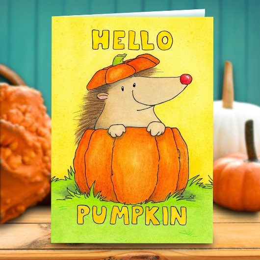 Hello Pumpkin - Hedgehog in a Pumpkin Greeting Kaart