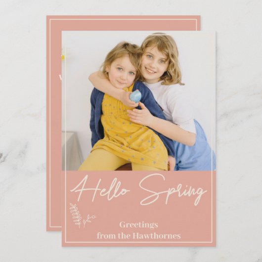 "Hello Spring" chic soft apricot custom Photo Feestdagenkaart (Voorkant / Achterkant)