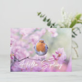 "Hello Spring" Spring Flowering Tree & Robin Bird Feestdagenkaart (Staand voorkant)