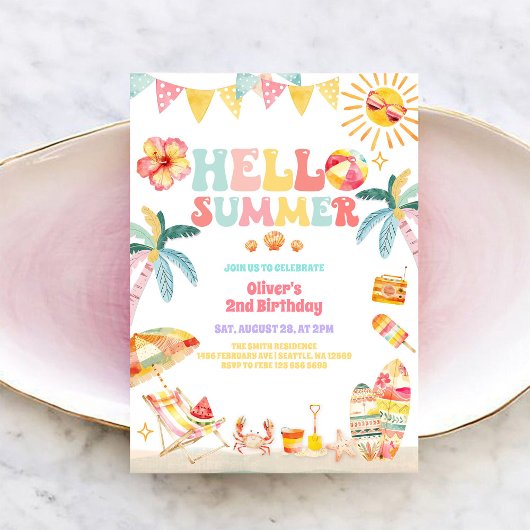Hello Summer Beach Party Birthday Invitation