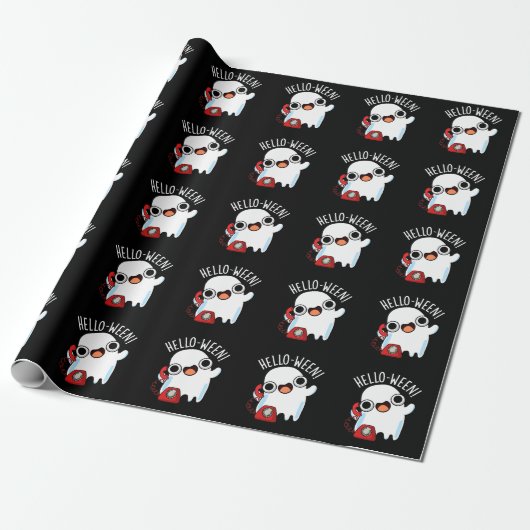 Hello-ween Funny Ghost Pun Dark BG Cadeaupapier (Uitgerold)