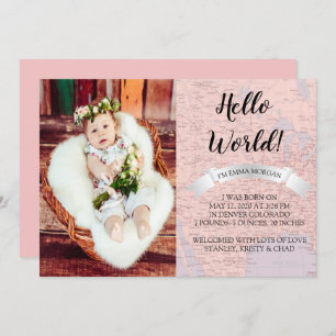 Hello World Baby Pink World Map Faire-part de nais