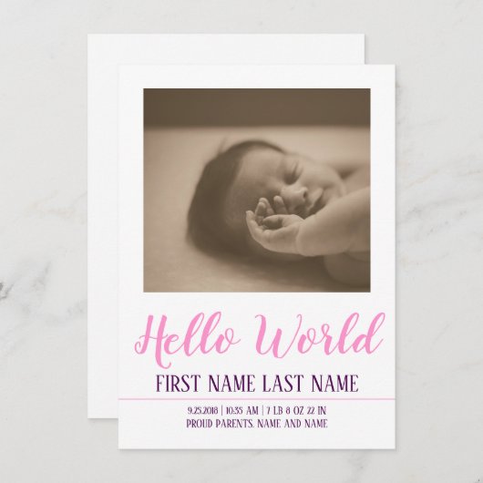 Hello World - faire-part de naissance avec photo (Devant / Derrière)