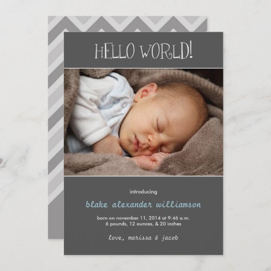 Hello World Faire-part de naissance//Grey (Devant / Derrière)