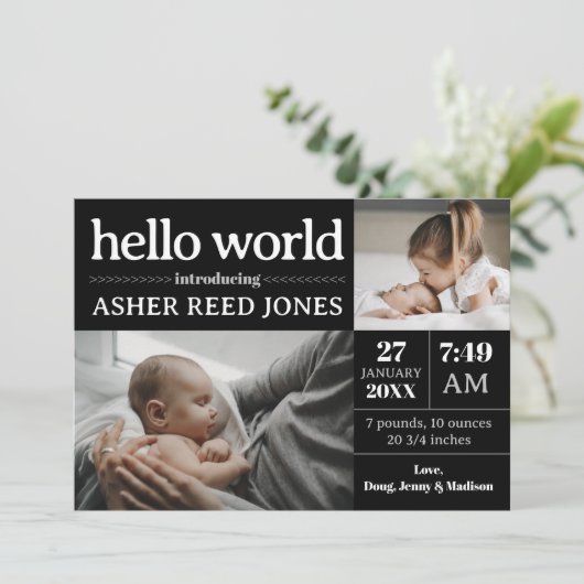Hello World Faire-part de naissance - Noir & Blanc (Debout devant)