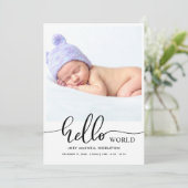 Hello World Modern Script Birth Announcement Aankondiging (Staand voorkant)