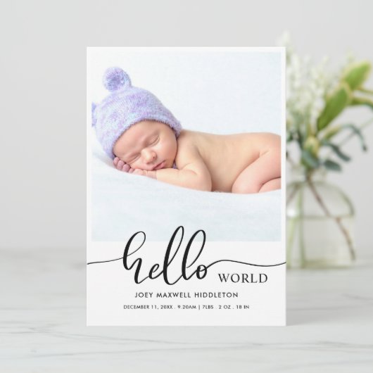 Hello World Modern Script Faire-part de naissance (Debout devant)