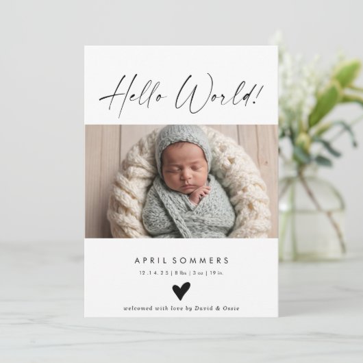 Hello World Photo Baby Birth Announcement Card Kaart (Staand voorkant)