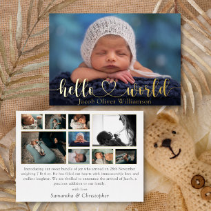 Hello World Photo Collage Gold Baby Faire-part