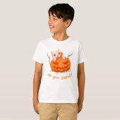 Helloween. Pompoen en geitenkat. Ben je bang? T-shirt (Voorkant volledig)