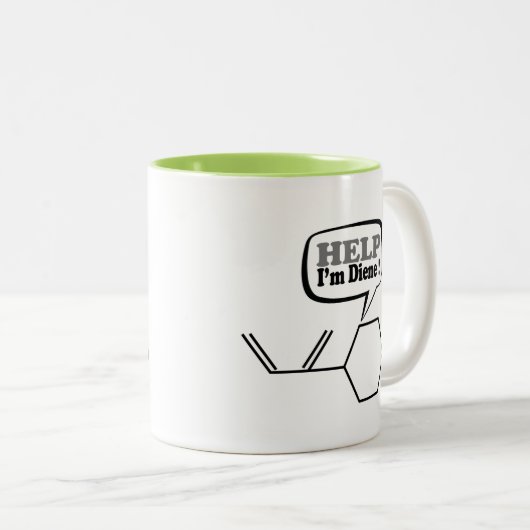 Help-I-m-diene, grappige scheikunde Tweekleurige Koffiemok (Voorkant rechts)