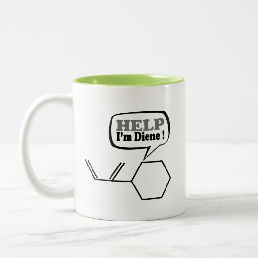Help-I-m-diene, grappige scheikunde Tweekleurige Koffiemok (Links)