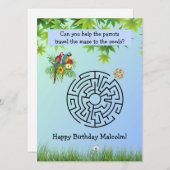 Help papegaaien reizen doolhof op verjaardagskaart (Voorkant / Achterkant)